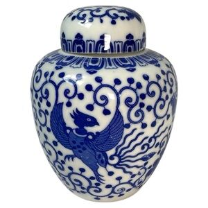 Vintage Blue White Ginger Jar Lidded Porcelain Vase Phoenix Bird Chinoiserie 5”